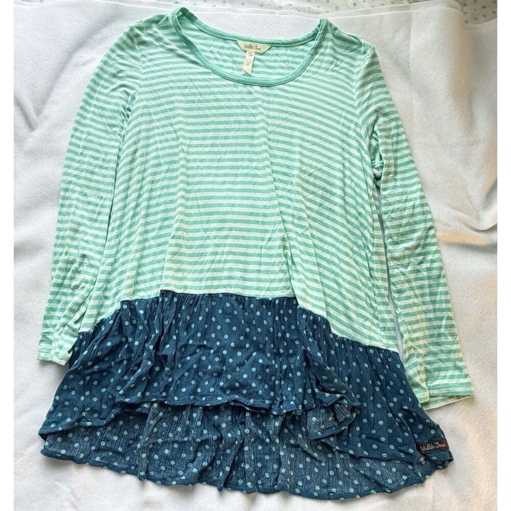 Matilda Jane Women's S Long Sleeve Striped Ruffle Hem Tunic Blue Green Polka Dot